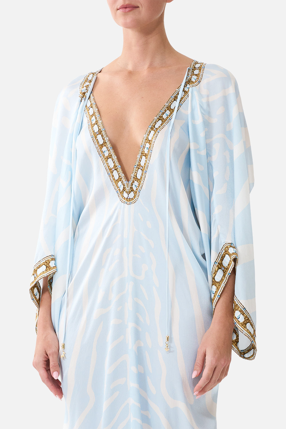 The CAMILLA Long Draped Kaftan in our Spirit of Stripes print, detail view on model.