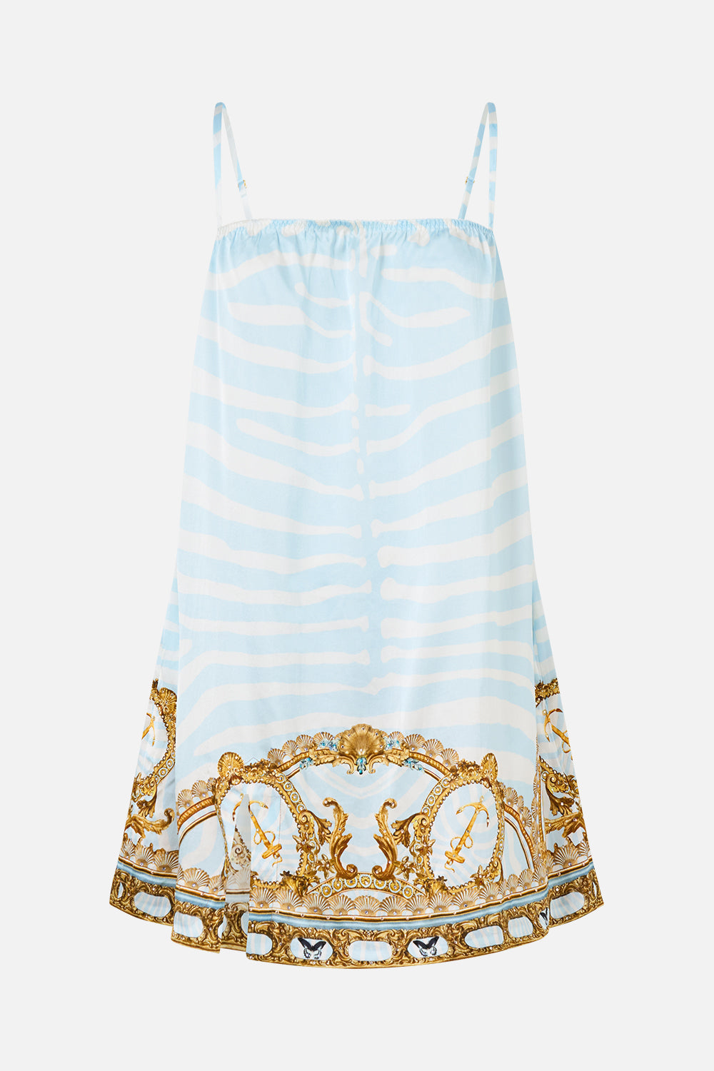 The CAMILLA Square Neck Short Slip Dress in Print Spirit of Stripes. Ghost View Front