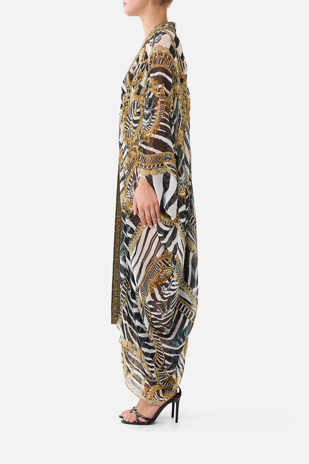 The CAMILLA Layer with Centre Back Panel in our Zig Zag Zoo print, side view on model.