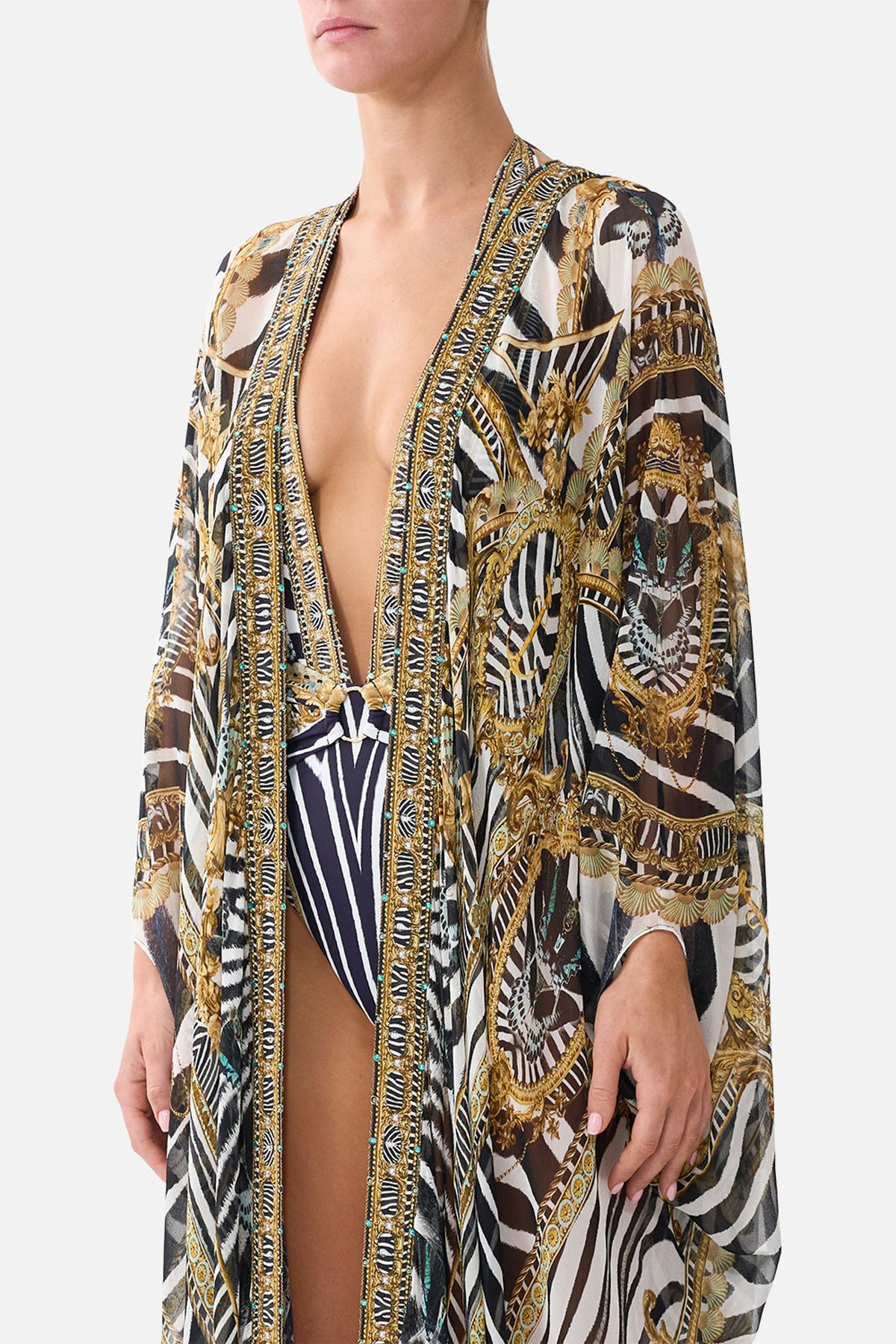 The CAMILLA Layer with Centre Back Panel in our Zig Zag Zoo print, detail view on model.