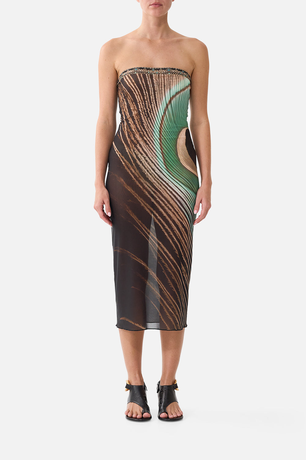 The CAMILLA Tube Beach Midi Dress in our A Wink to the Wild print, front view on model.
