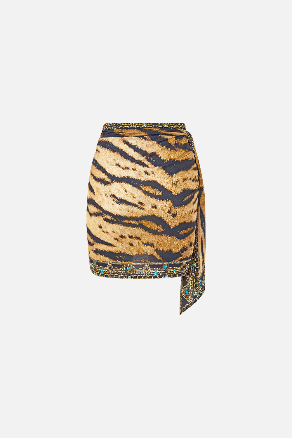 The CAMILLA Eyelet Wrap Mini Sarong W/ Tie Waist in Print A Wink to the Wild. Ghost View Back