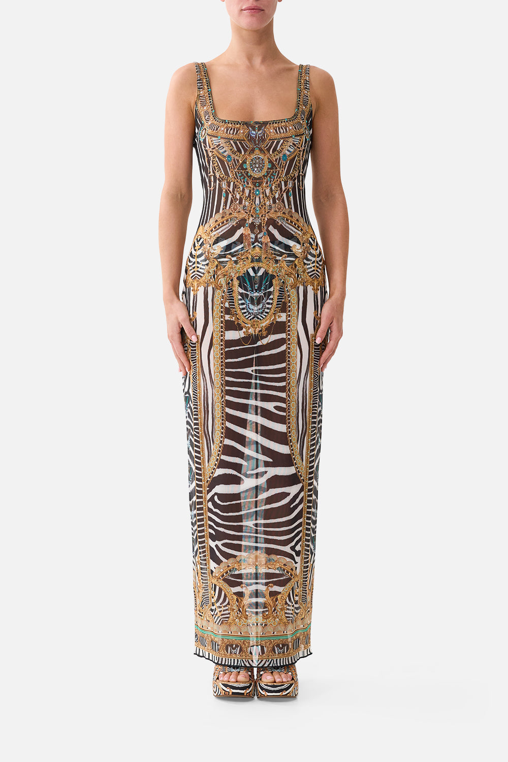 The CAMILLA Square Neck Beach Maxi Dress W/ Low Back in Print Zig Zag Zoo. Model View