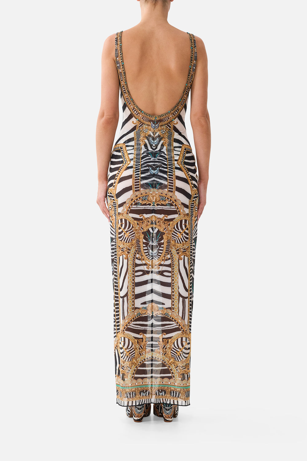 The CAMILLA Square Neck Beach Maxi Dress W/ Low Back in Print Zig Zag Zoo. Model View