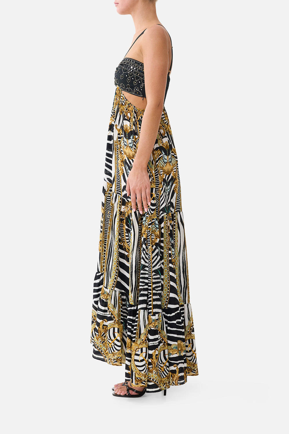 The CAMILLA Gathered Cut Out Dress in Print Zig Zag Zoo. Model View