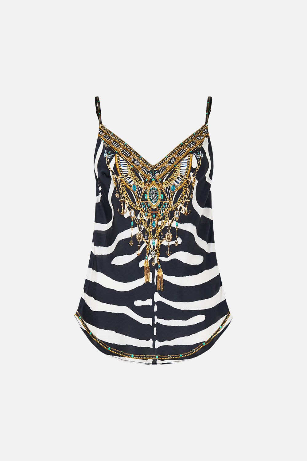 The CAMILLA V-Neck Bias Cami in Print Zig Zag Zoo. Ghost View Front