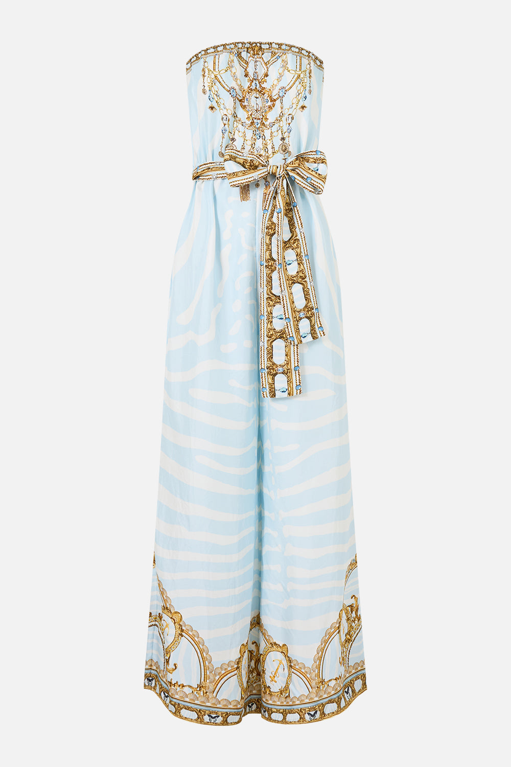 The CAMILLA Tie Waist Strapless Jumpsuit in Print Spirit of Stripes. Ghost View Front