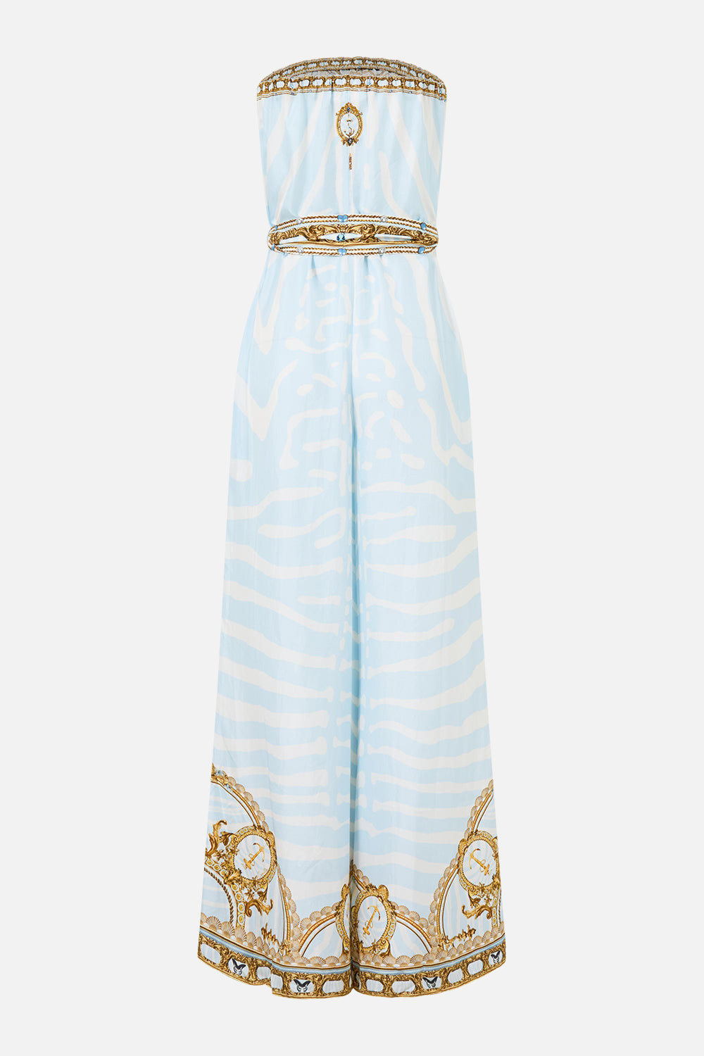 The CAMILLA Tie Waist Strapless Jumpsuit in our Spirit of Stripes print, back view.