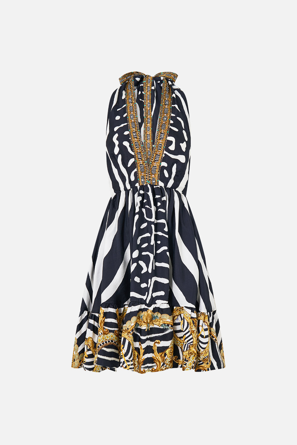 The CAMILLA Ruffle Hem Halter Short Dress in our Zig Zag Zoo print, front view.