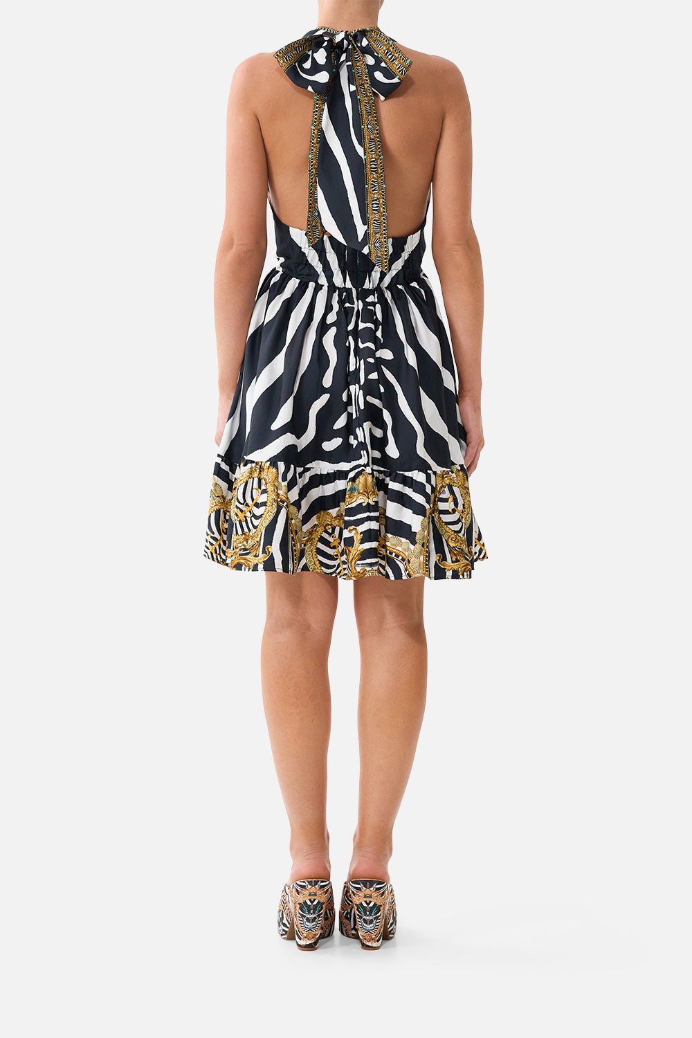 The CAMILLA Ruffle Hem Halter Short Dress in our Zig Zag Zoo print, back view on model.