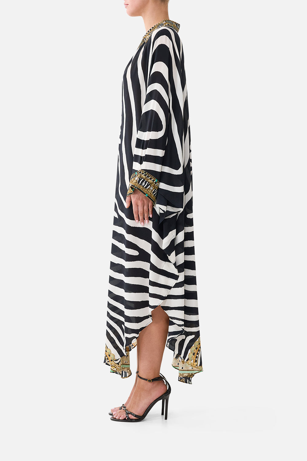 The CAMILLA Long Kaftan With Button Cuff in Print Zig Zag Zoo. Model View