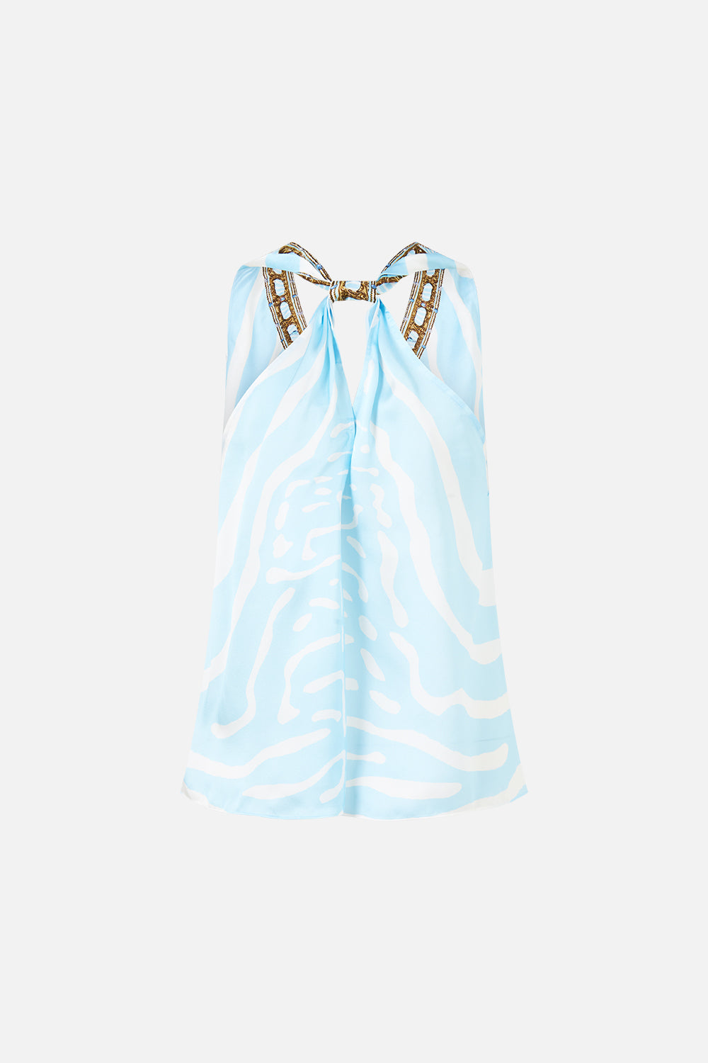 The CAMILLA V Neck Top with Knot Back in our Spirit of Stripes print, back view.