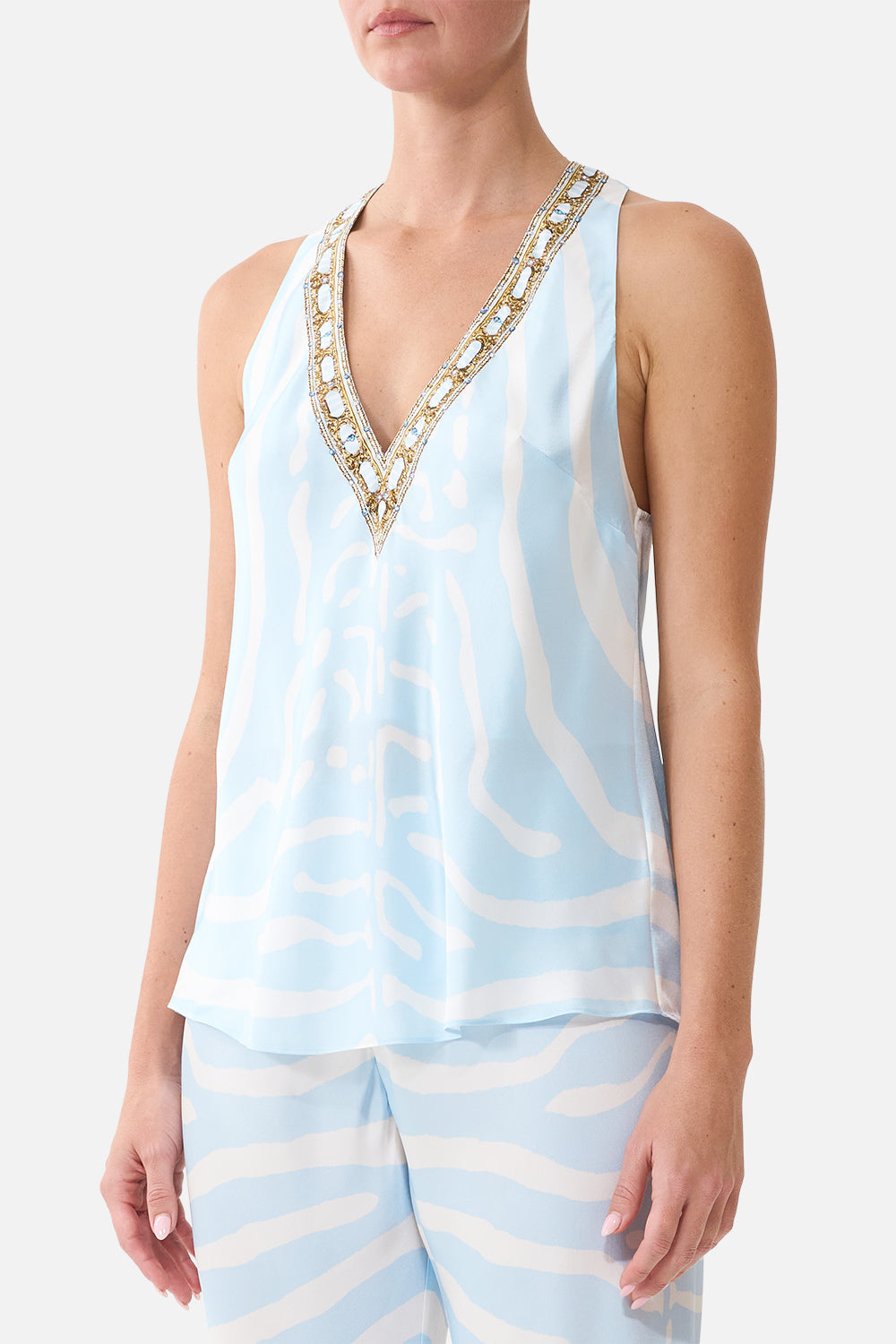 The CAMILLA V Neck Top with Knot Back in our Spirit of Stripes print, detail view on model.