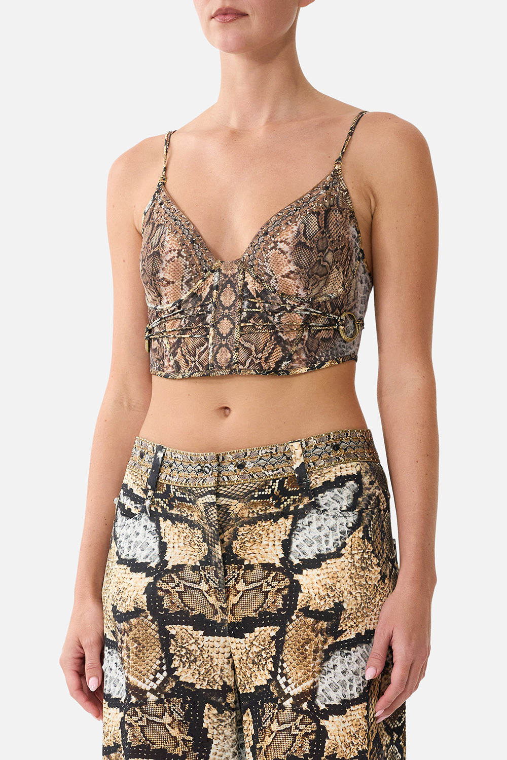 The CAMILLA Underwire Corset With Rouleau Ring Trim in Print Animalia Heirlooms. Model View