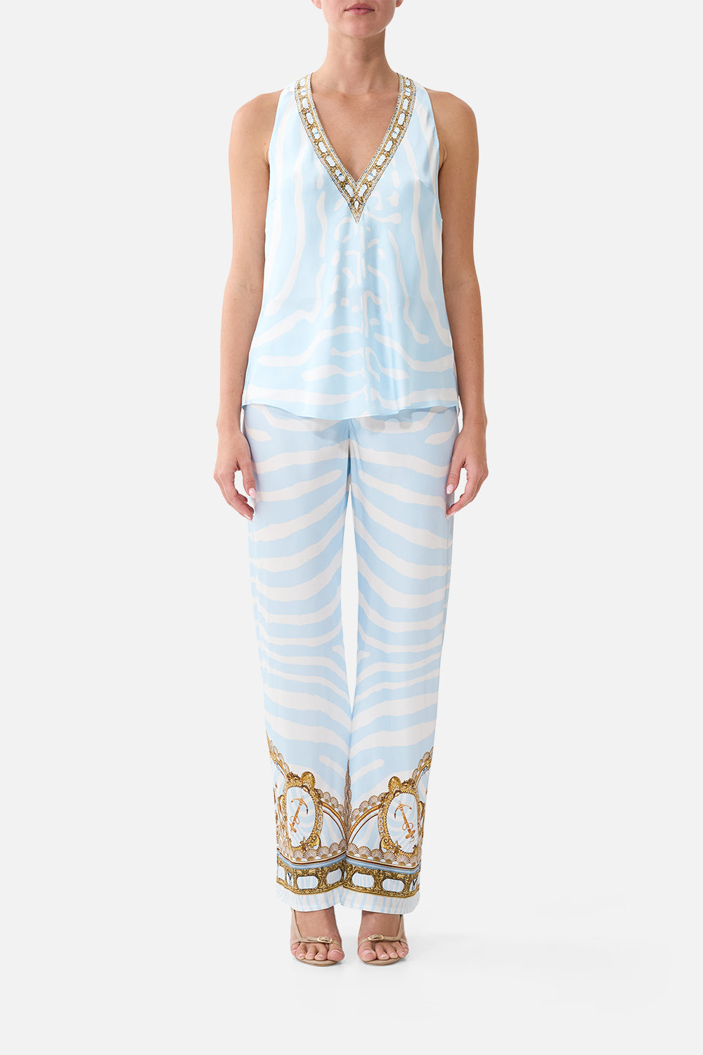 The CAMILLA Bias Cut Drawstring Pant in our Spirit of Stripes print, front view on model.