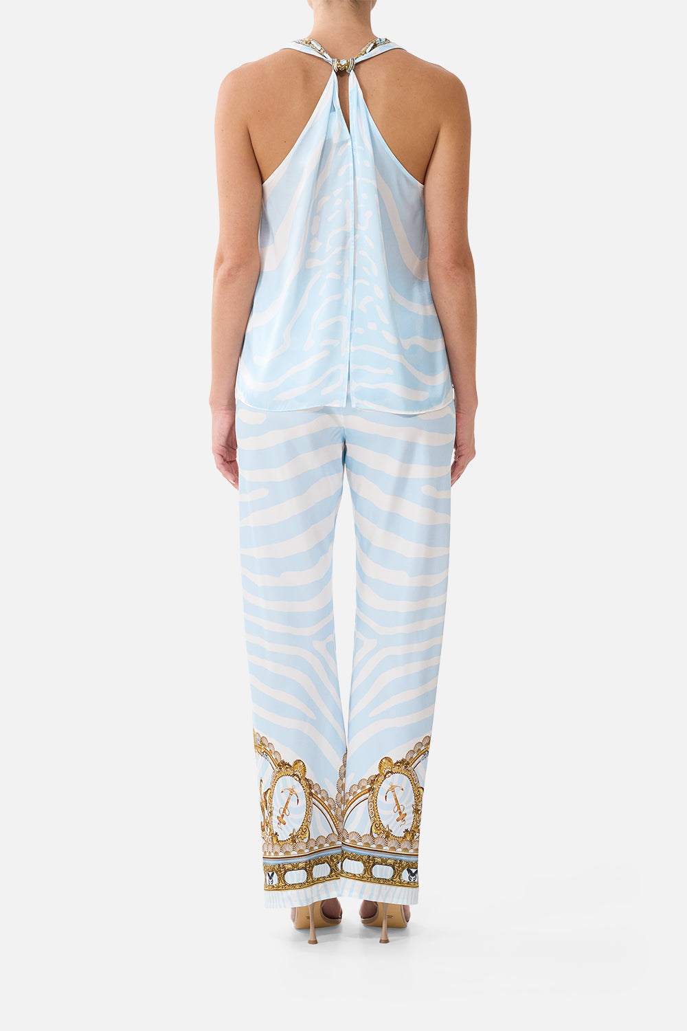 The CAMILLA Bias Cut Drawstring Pant in our Spirit of Stripes print, back view on model.