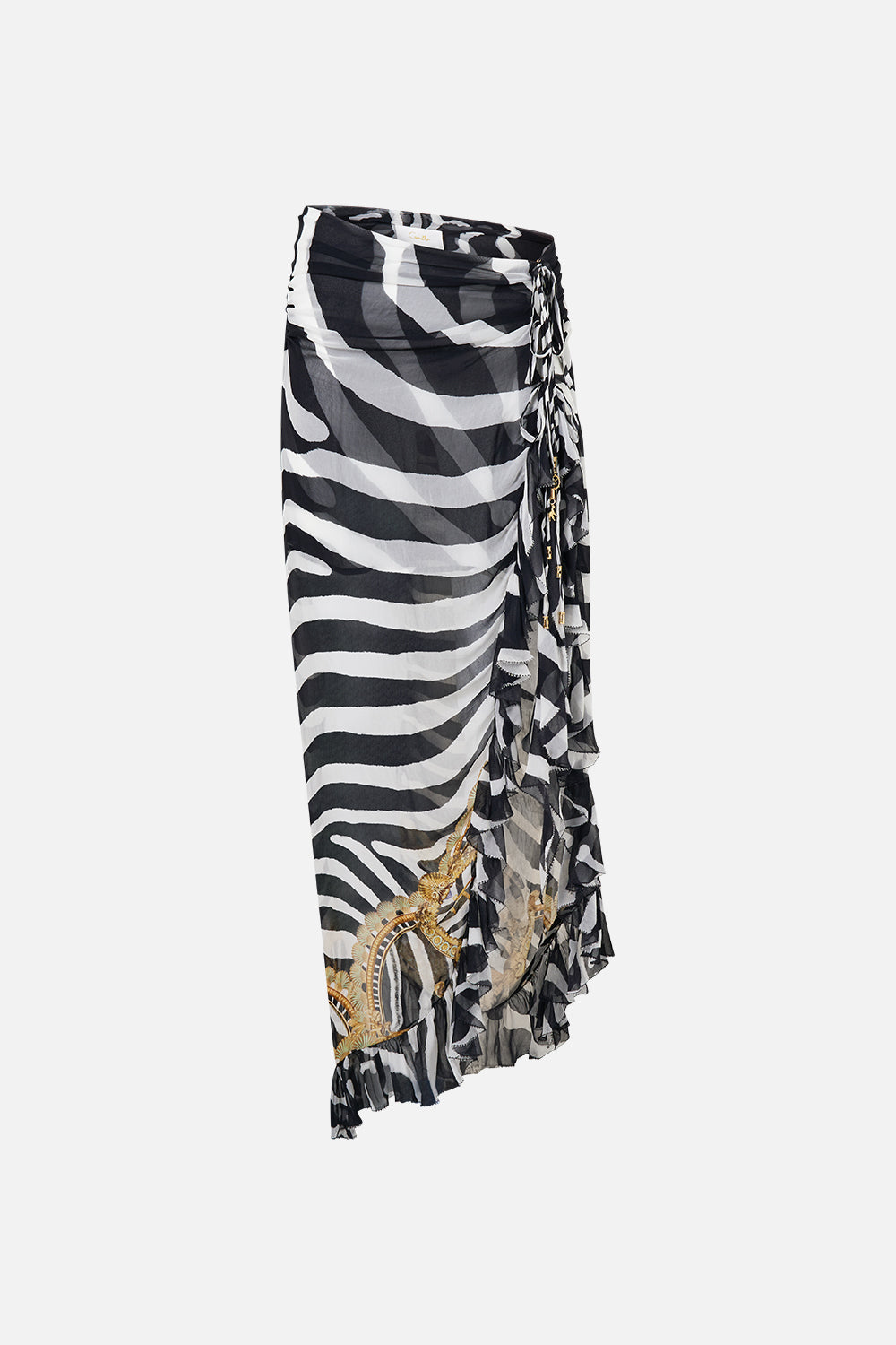 The CAMILLA Relaxed Wrap Tie Skirt with Ruffle in our Zig Zag Zoo print, front view.