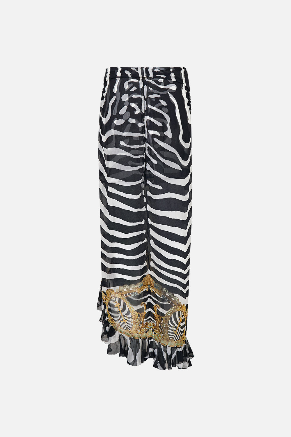 The CAMILLA Relaxed Wrap Tie Skirt With Ruffle in Print Zig Zag Zoo. Ghost View Back