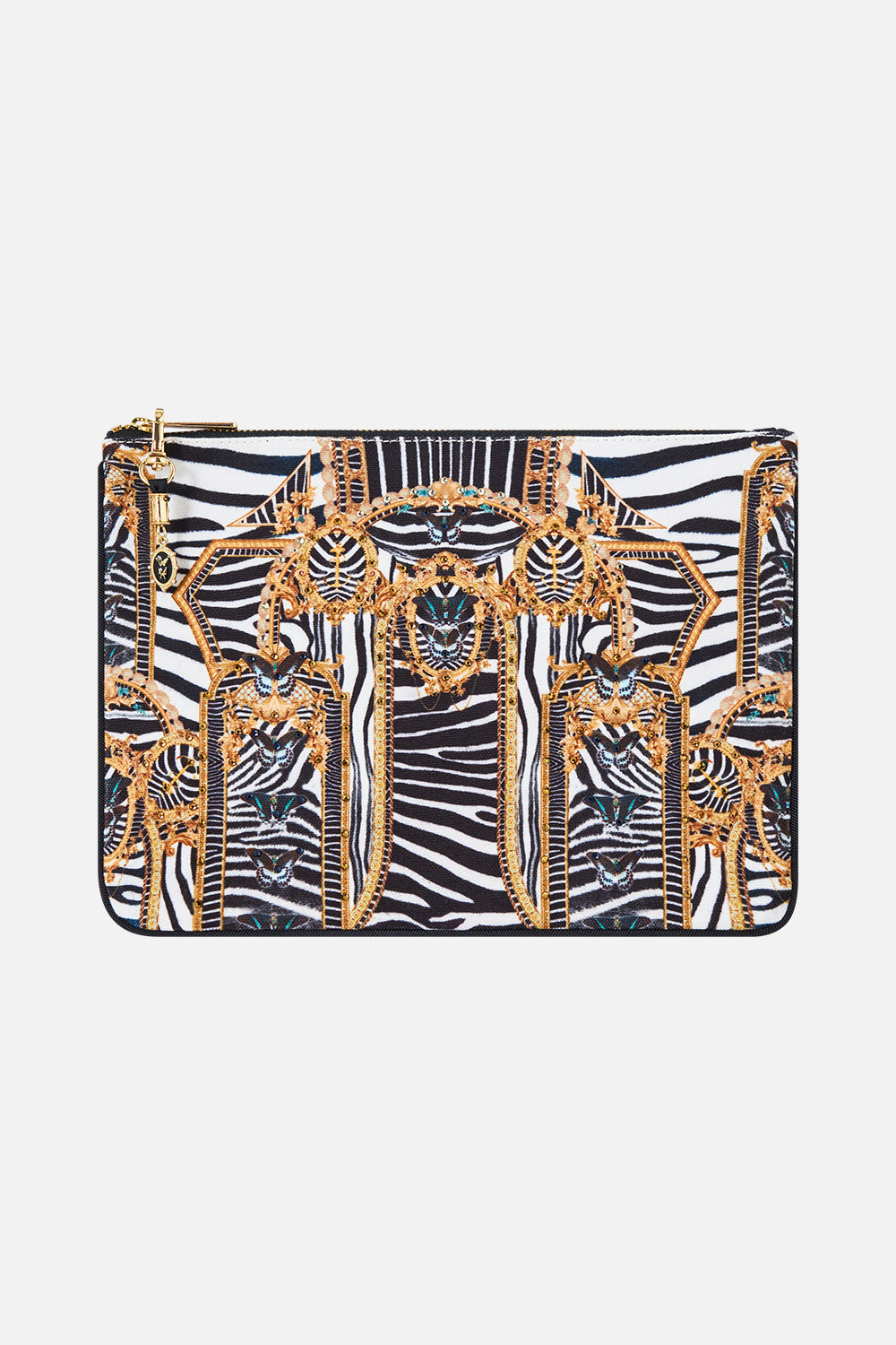 The CAMILLA Small Canvas Clutch in Print Zig Zag Zoo. Ghost View Front