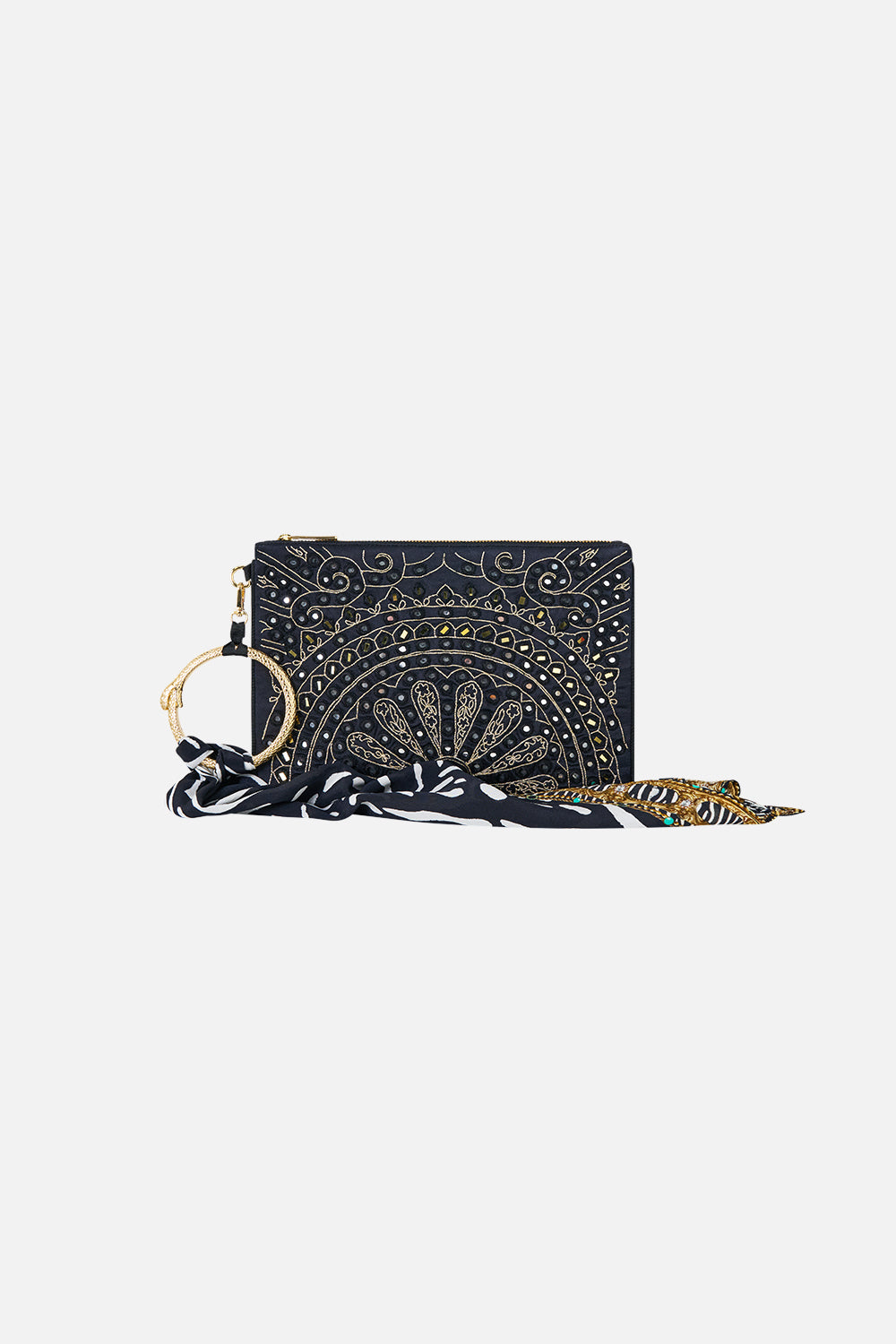 The CAMILLA Ring Scarf Clutch in our Zig Zag Zoo print, front view.
