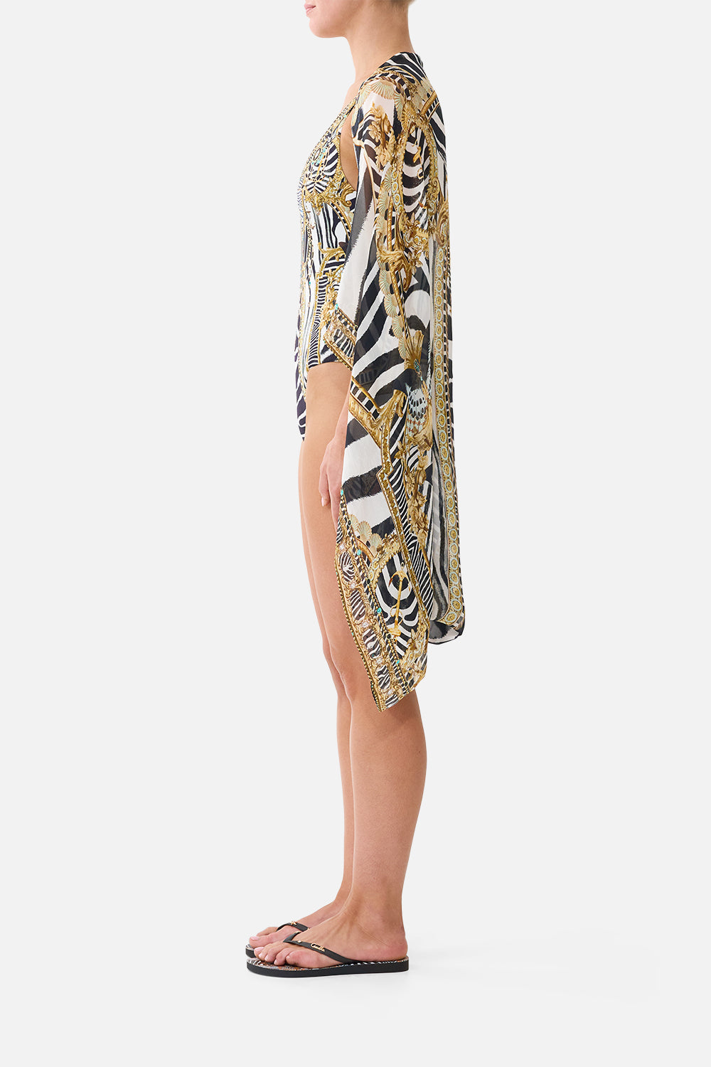 The CAMILLA Silk Chiffon Shrug in Print Zig Zag Zoo. Model View