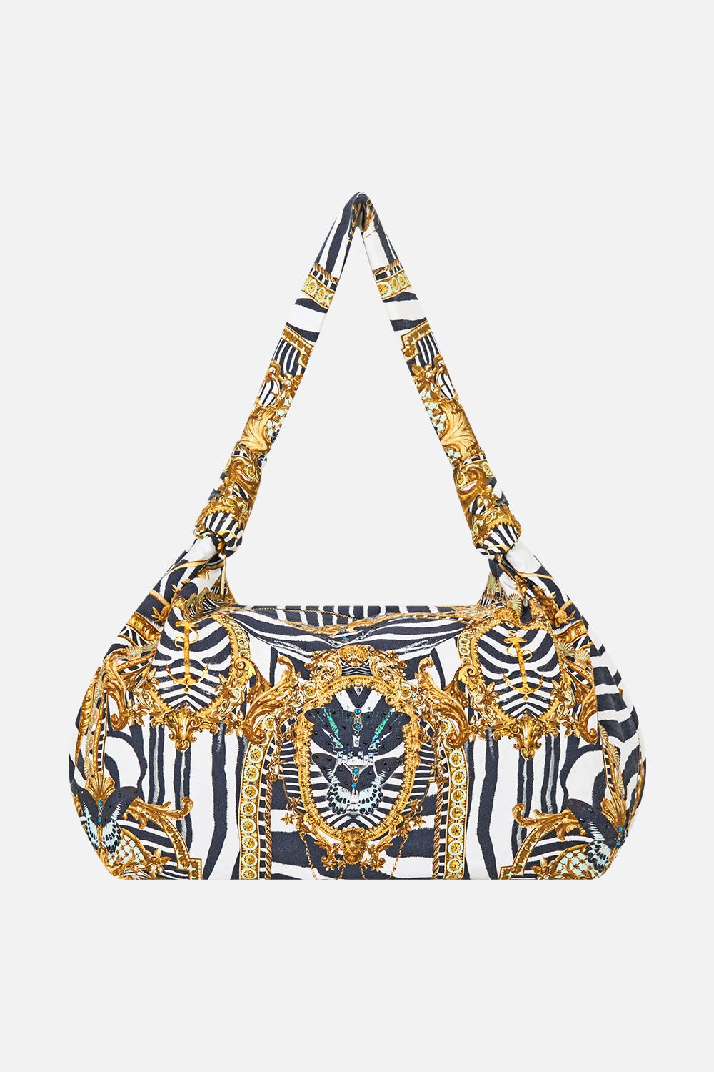 The CAMILLA Slouch Shoulder Bag With Knot Details in Print Zig Zag Zoo. Ghost View Front