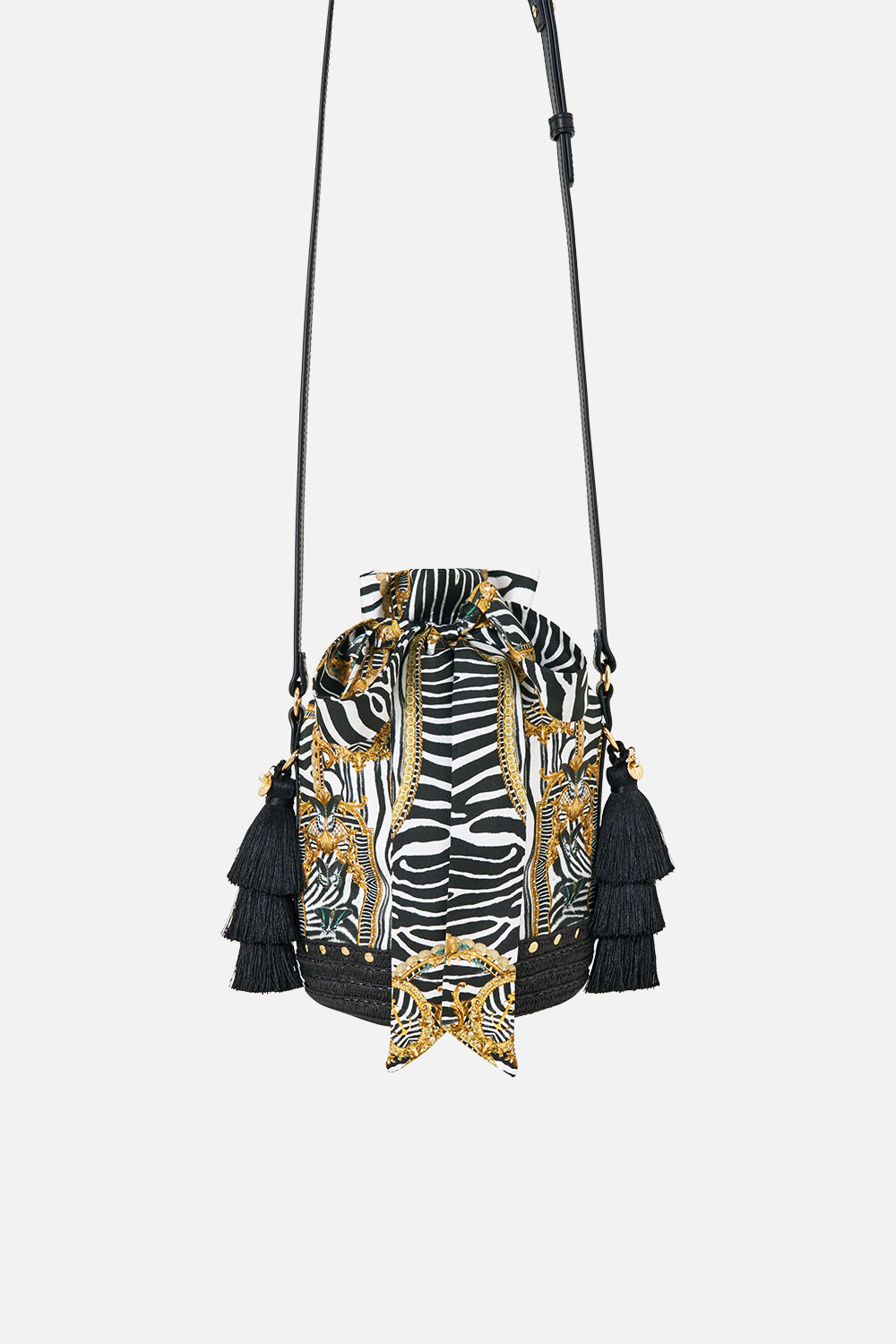 The CAMILLA Tie Top Bucket Bag with Tassels in our Zig Zag Zoo print, front view.