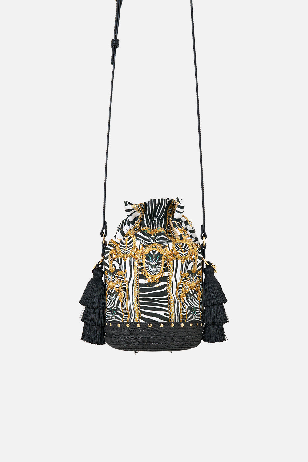 The CAMILLA Tie Top Bucket Bag with Tassels in our Zig Zag Zoo print, back view.