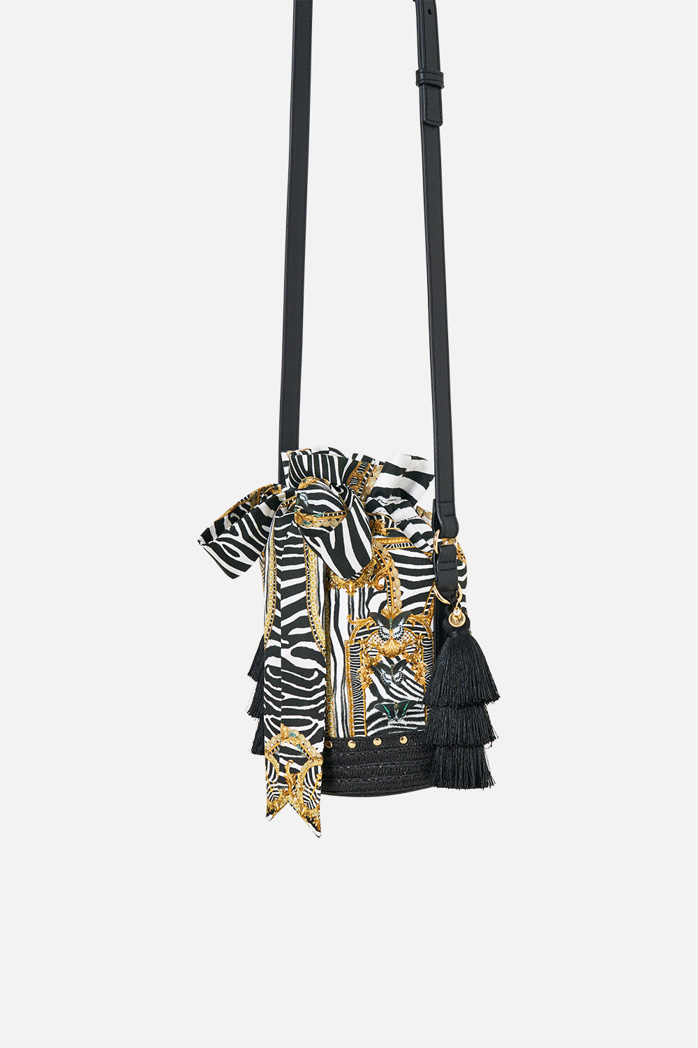 The CAMILLA Tie Top Bucket Bag with Tassels in our Zig Zag Zoo print, fabric detail.