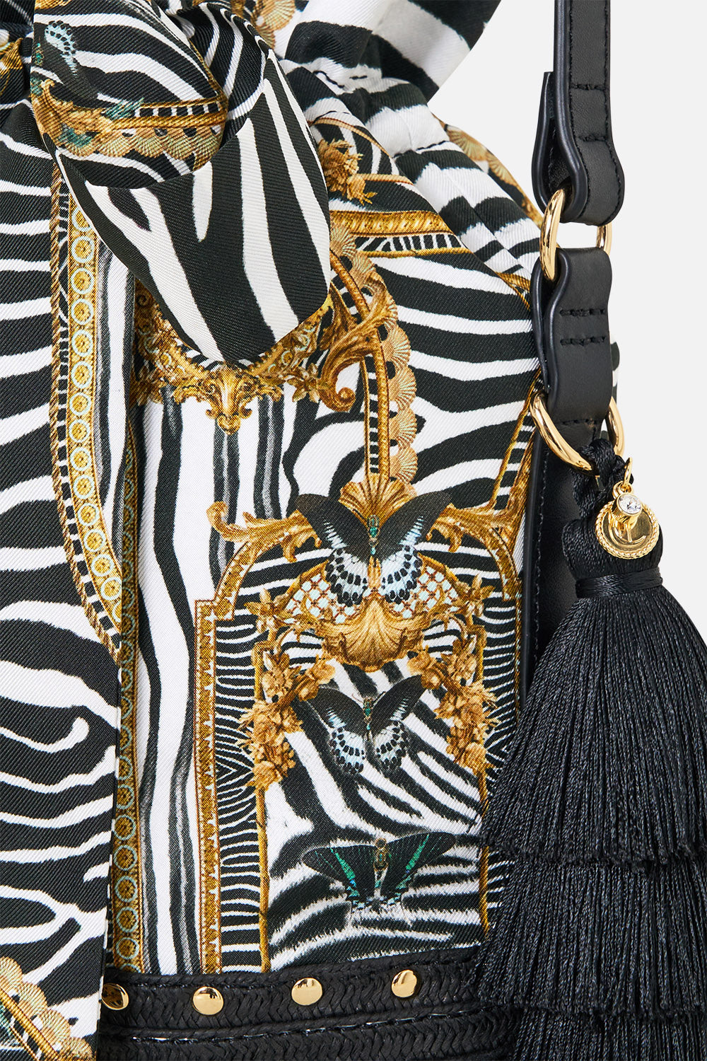 The CAMILLA Tie Top Bucket Bag With Tassels in Print Zig Zag Zoo. Ghost View