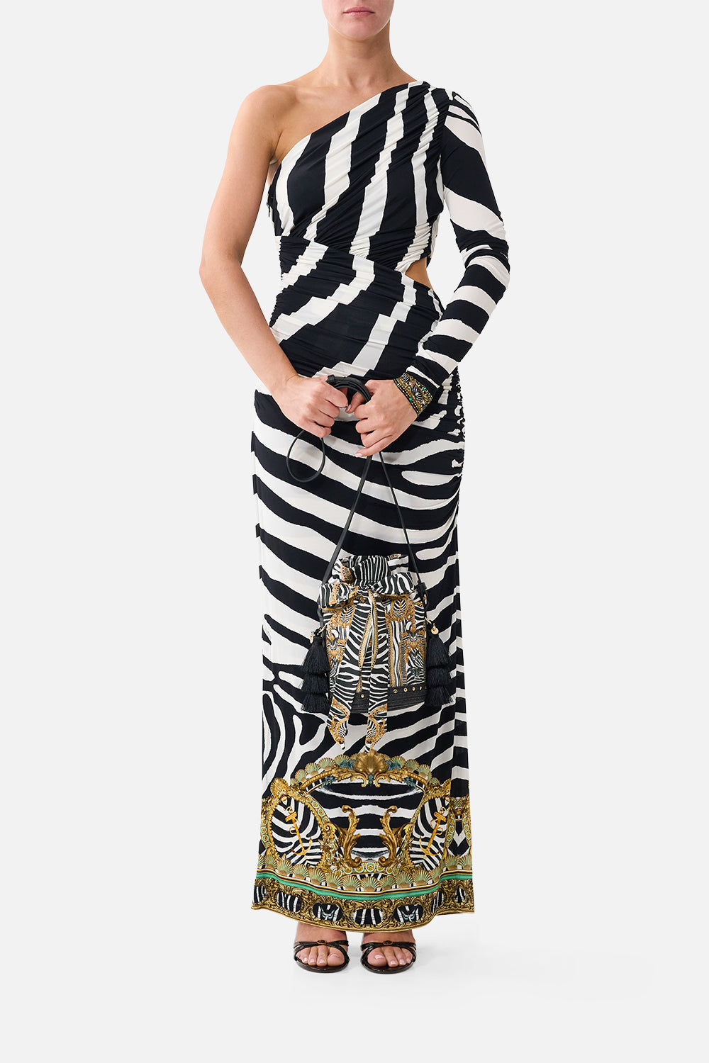 The CAMILLA Tie Top Bucket Bag with Tassels in our Zig Zag Zoo print, front view on model.