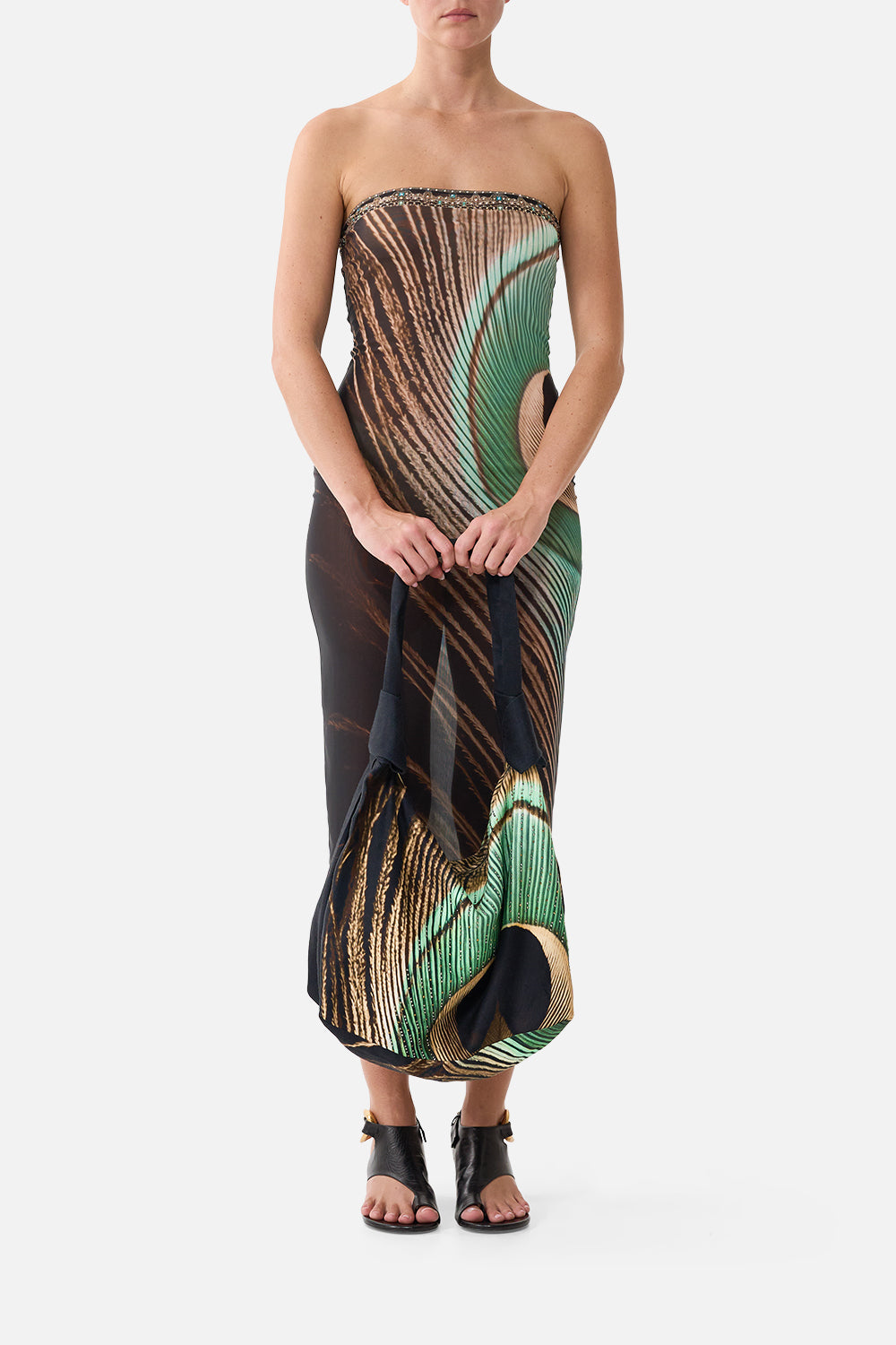 The CAMILLA Slouch Shoulder Bag With Knot Details in Print A Wink to the Wild. Model View