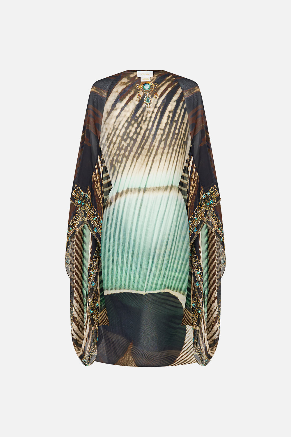 The CAMILLA Silk Chiffon Shrug in our A Wink to the Wild print, front view.