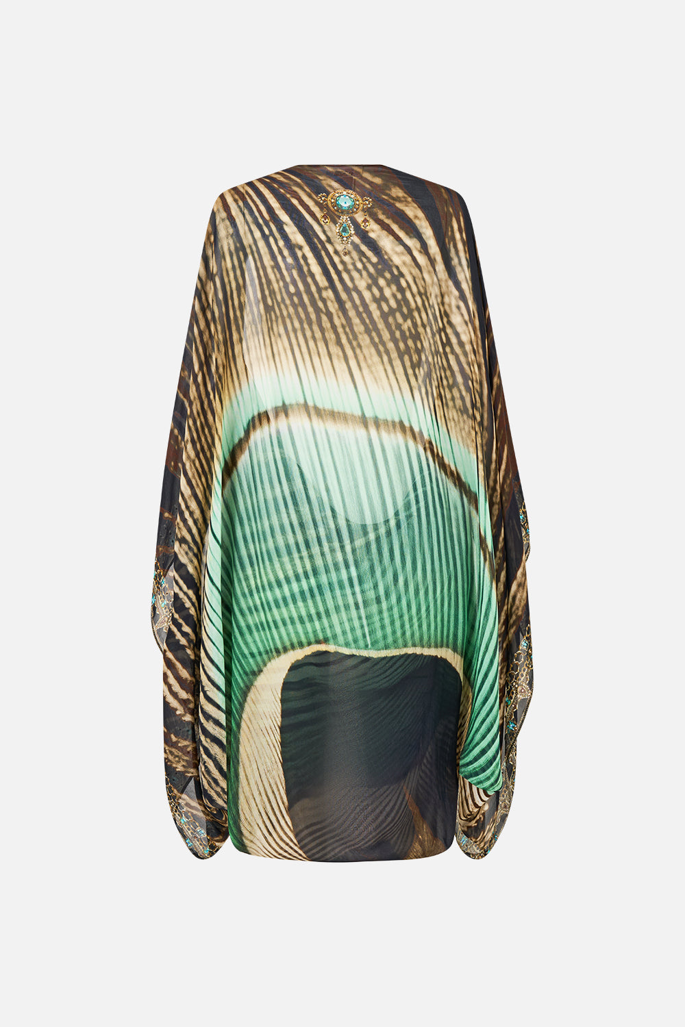 The CAMILLA Silk Chiffon Shrug in our A Wink to the Wild print, back view.