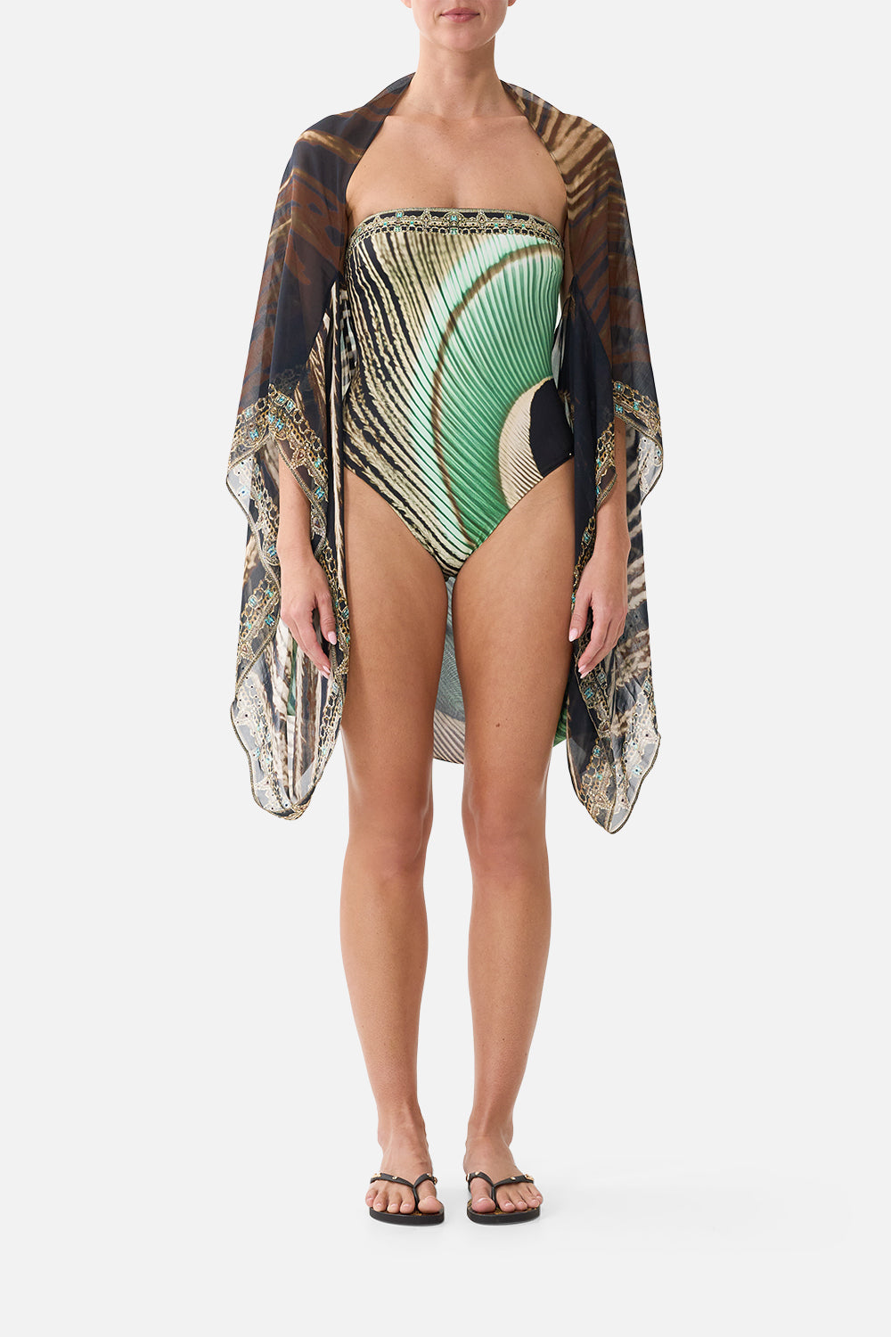 The CAMILLA Silk Chiffon Shrug in our A Wink to the Wild print, front view on model.