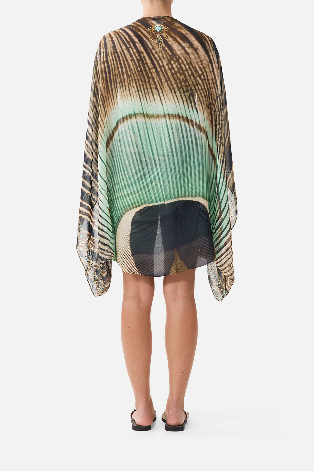 The CAMILLA Silk Chiffon Shrug in our A Wink to the Wild print, back view on model.