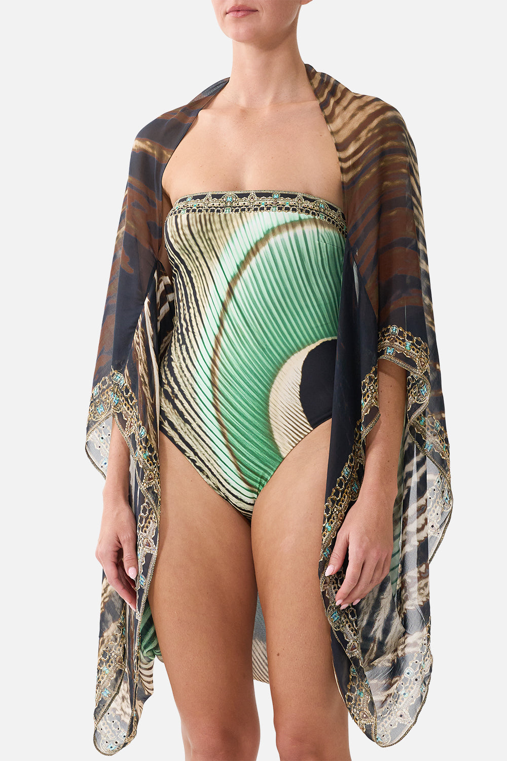 The CAMILLA Silk Chiffon Shrug in our A Wink to the Wild print, detail view on model.