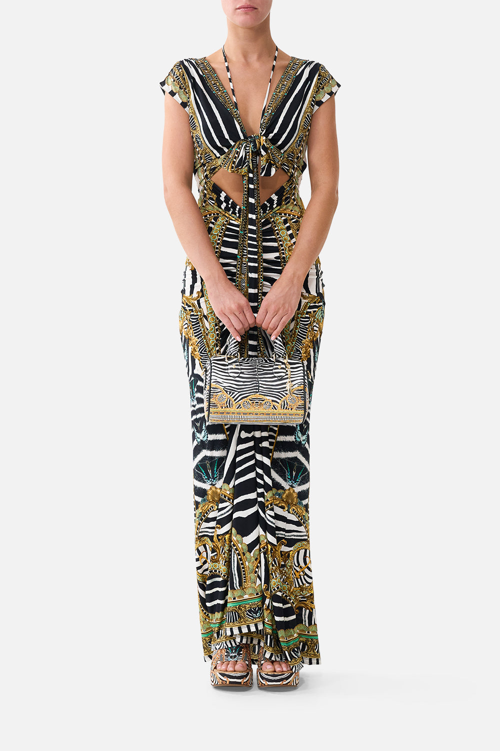 The CAMILLA Barrel Bag with Leather Trims in our Zig Zag Zoo print, front view on model.