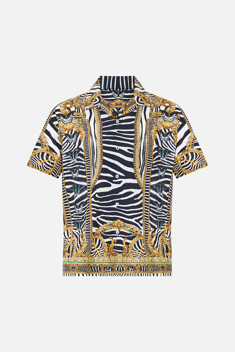 The CAMILLA Short Sleeve Camp Collared Shirt in our Zig Zag Zoo print, front view.