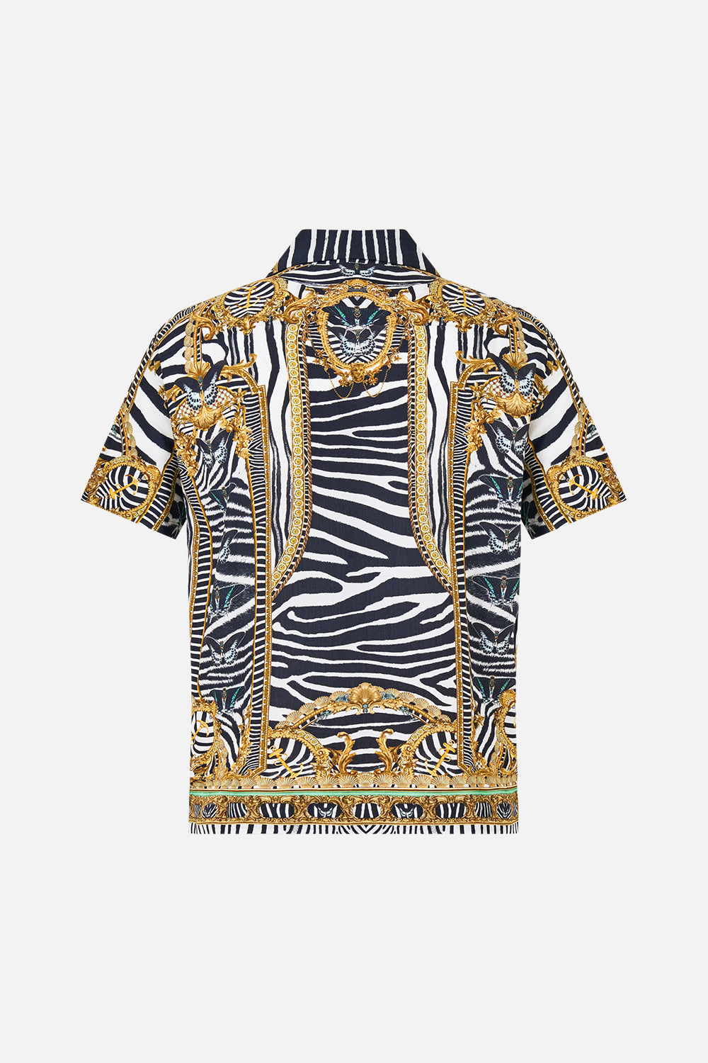 The CAMILLA Short Sleeve Camp Collared Shirt in our Zig Zag Zoo print, back view.