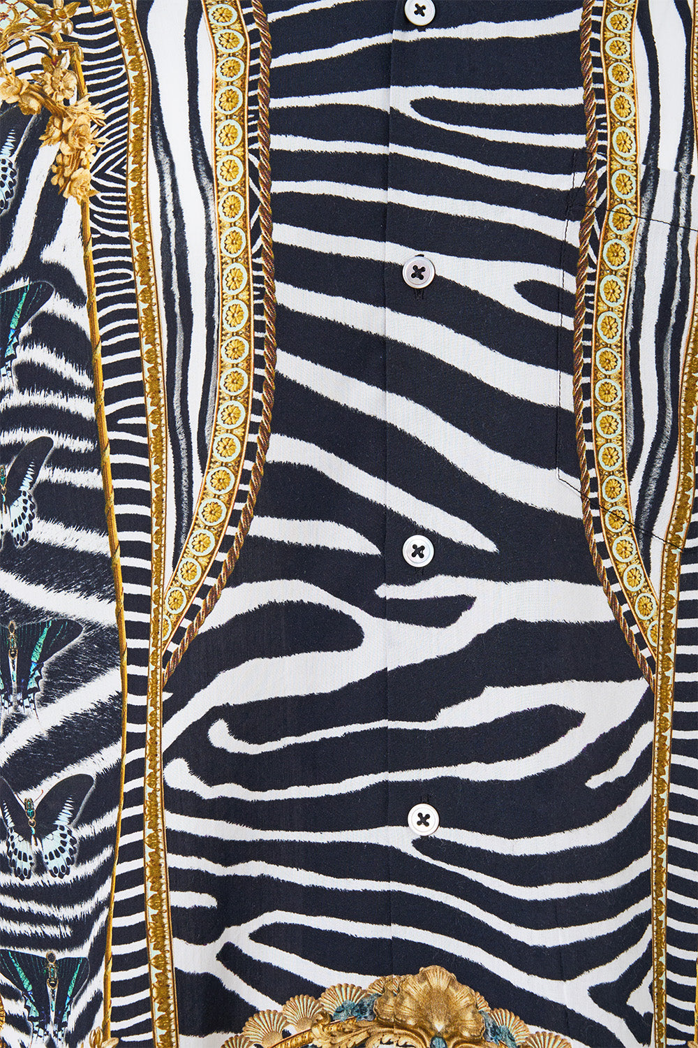 The CAMILLA Short Sleeve Camp Collared Shirt in our Zig Zag Zoo print, fabric detail.