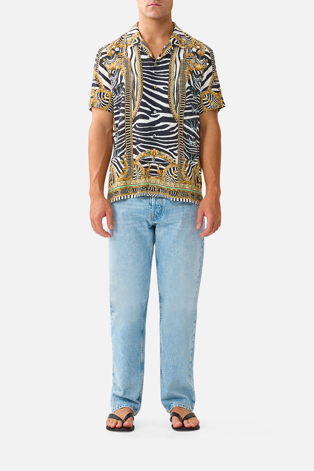 The CAMILLA Short Sleeve Camp Collared Shirt in our Zig Zag Zoo print, front view on model.