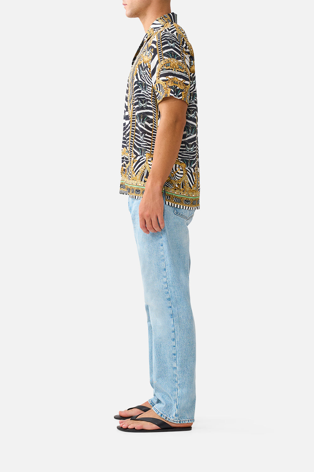 The CAMILLA Short Sleeve Camp Collared Shirt in our Zig Zag Zoo print, side view on model.