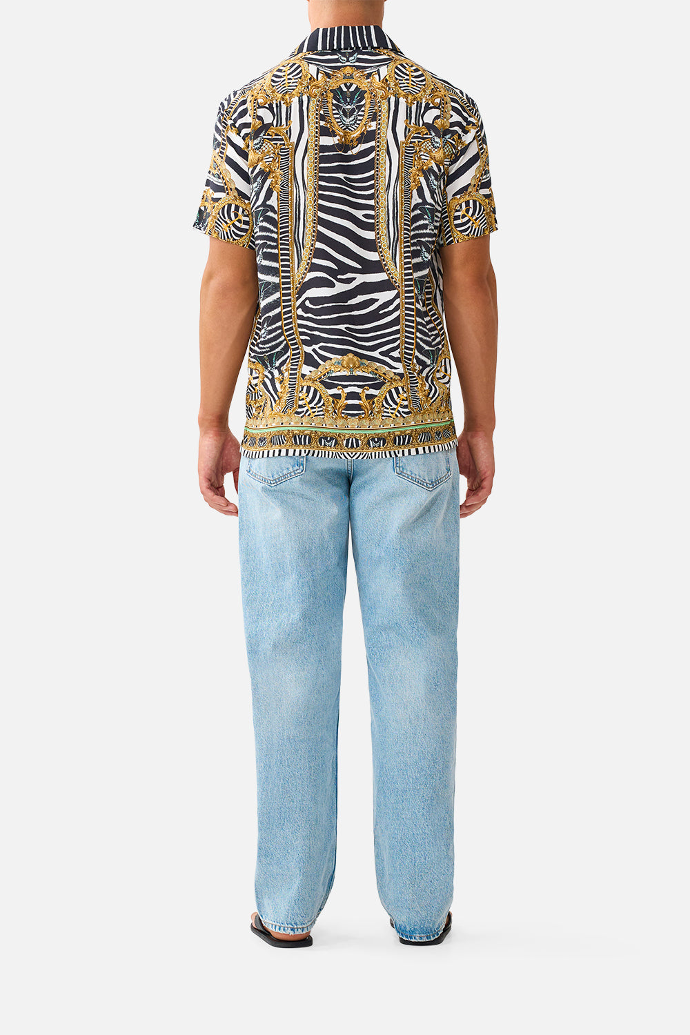 The CAMILLA Short Sleeve Camp Collared Shirt in our Zig Zag Zoo print, back view on model.