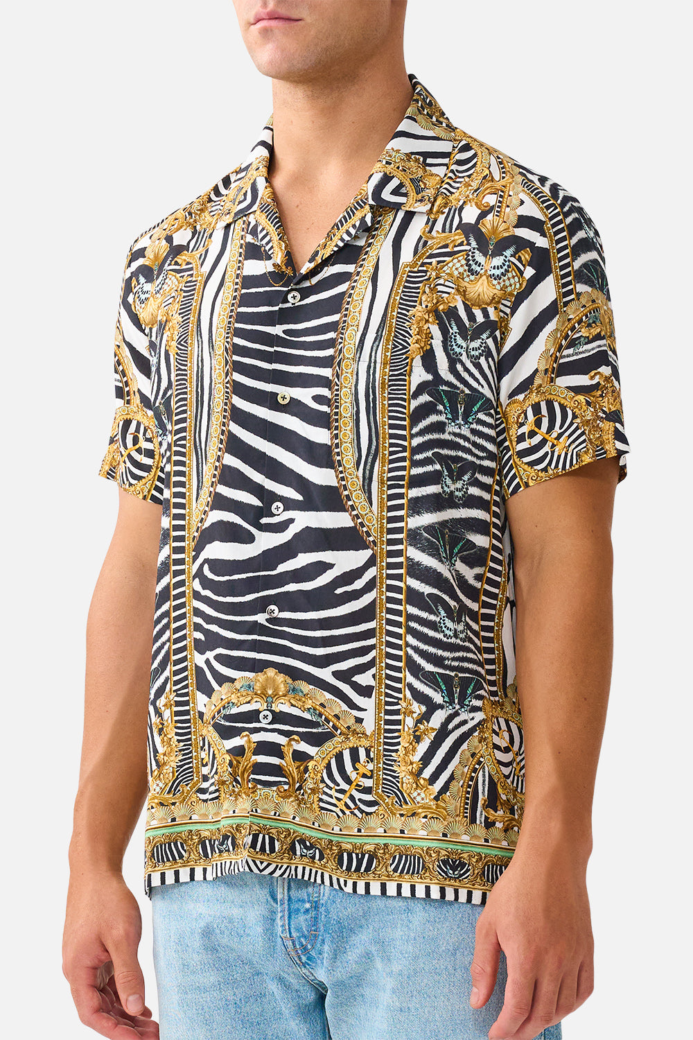 The CAMILLA Short Sleeve Camp Collared Shirt in our Zig Zag Zoo print, detail view on model.