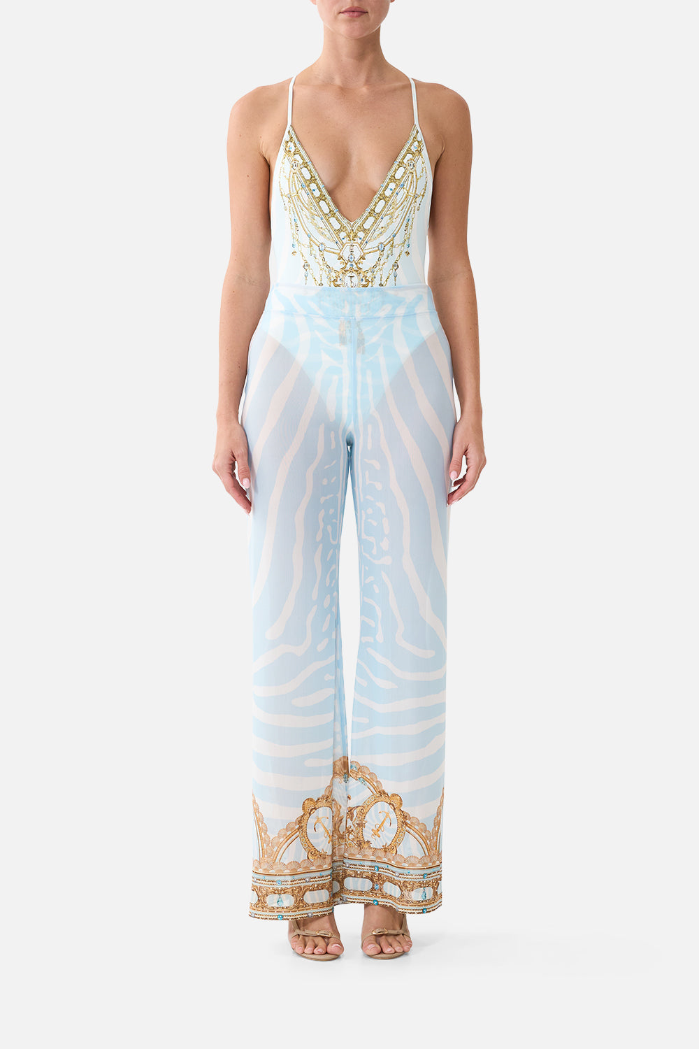 The CAMILLA Mesh Straight Leg Beach Pant in Print Spirit of Stripes. Model View