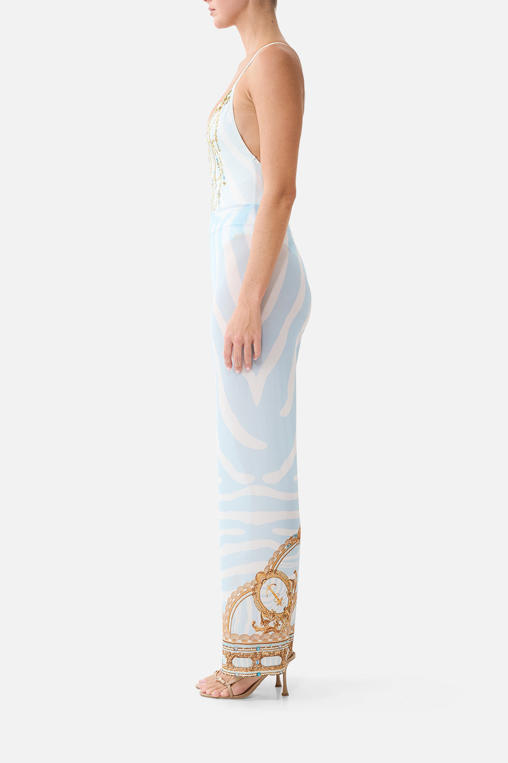 The CAMILLA Mesh Straight Leg Beach Pant in Print Spirit of Stripes. Model View