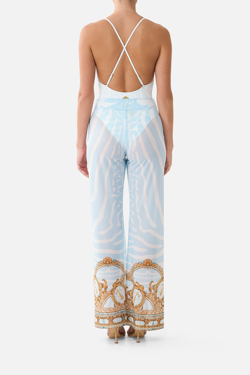 The CAMILLA Mesh Straight Leg Beach Pant in Print Spirit of Stripes. Model View
