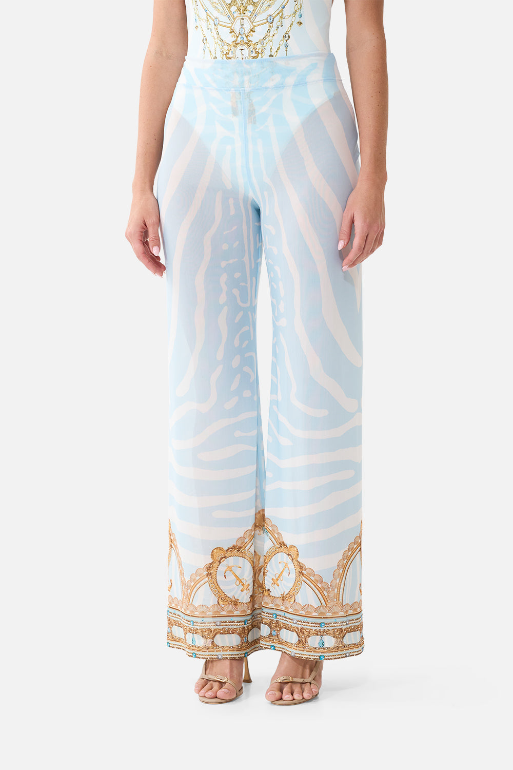 The CAMILLA Mesh Straight Leg Beach Pant in Print Spirit of Stripes. Model View