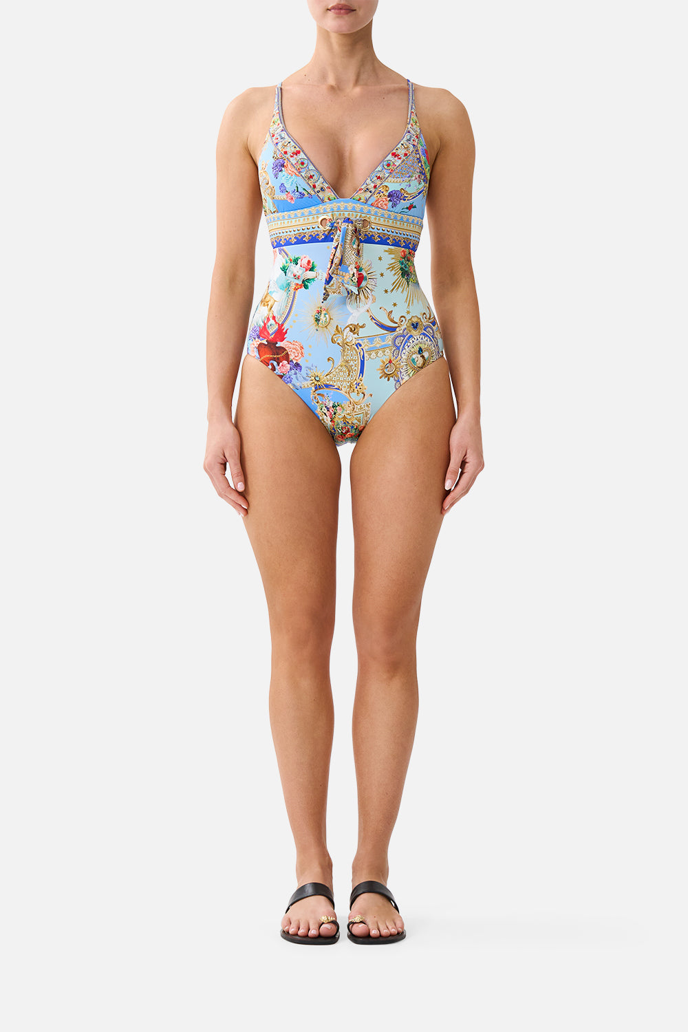 The CAMILLA HIGH TRI ONE PIECE WITH EYELET TIE FRONT TRIM VERSES IN VINTAGEVERSES IN VINTAGE